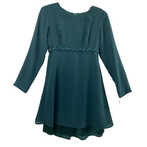 Just Choon Party Dress Junior Sz 1 Dark Green Empire Waist Ribbon Floral Holiday